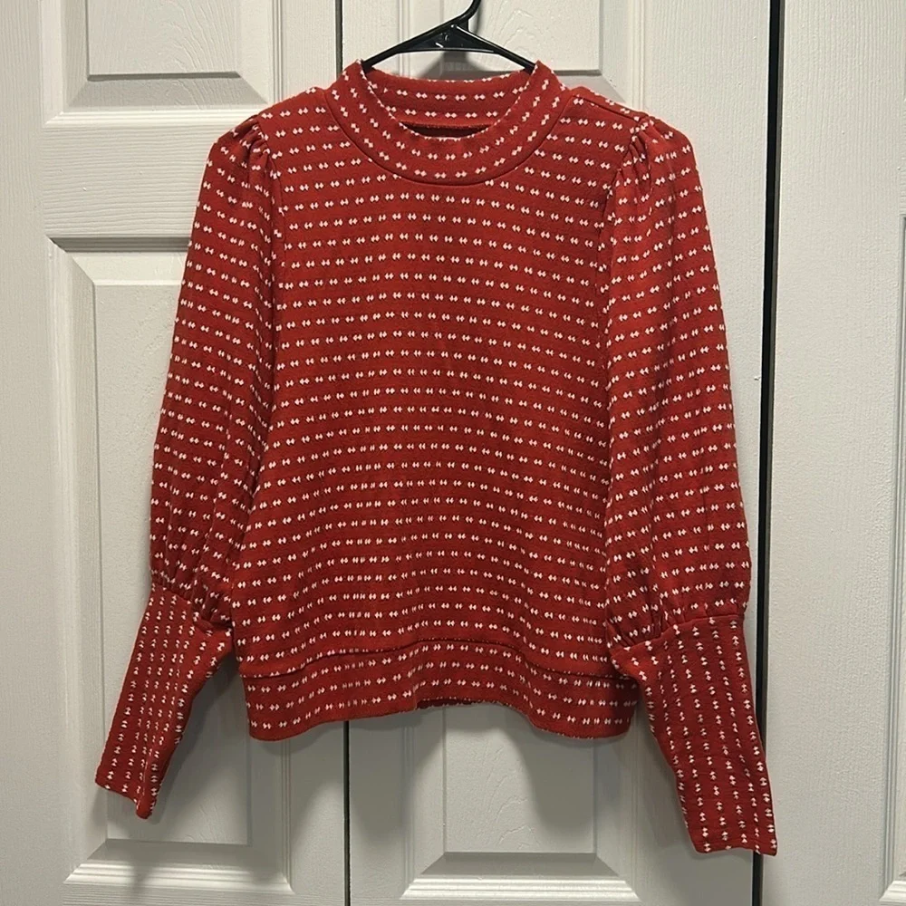 Madewell Puff-Sleeve Mockneck Top in Bow-Tie Jacquard Color Etruscan Clay Size S - Picture 5 of 9